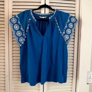 Ila Broderie Sleeve Notch Top-Kingfisher Blue